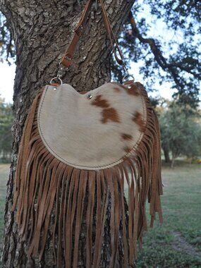 🤎 Handmade Cream & Brown Cowhide Fringe Purse | Genuine Leather | One-of-a-Kind